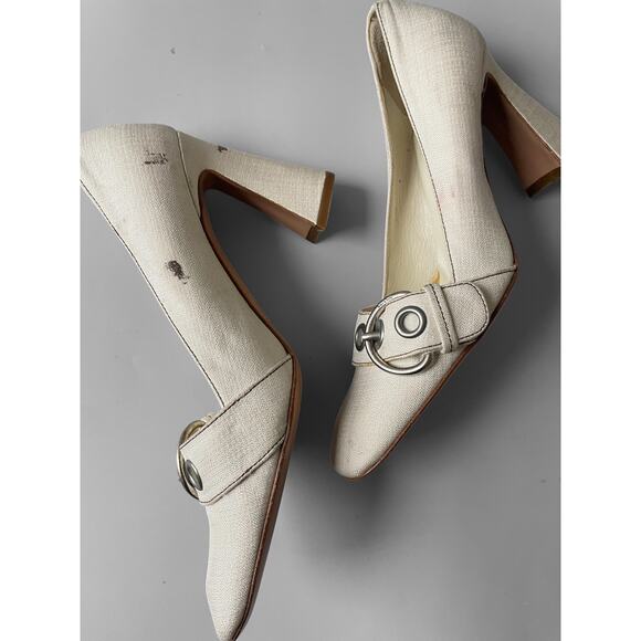 Vintage PRADA Y2K Linen Sculptured Heel Giant Grommet Buckle Size 35 Square Toe - Picture 3 of 7